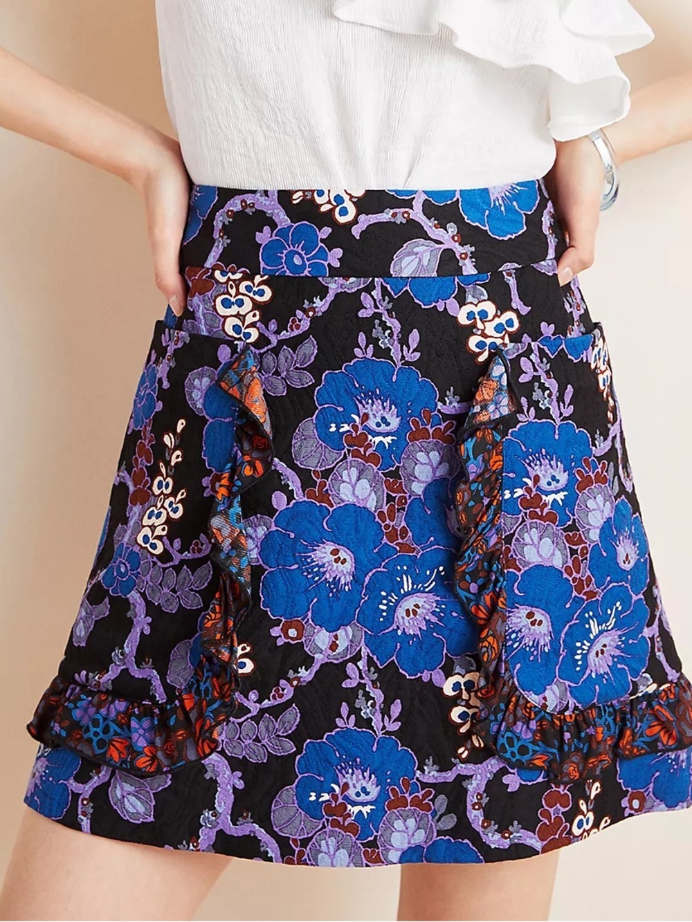 Anna sui Anthropologie Jacquard bohemian ruffle high waist Mini Skirt size 12